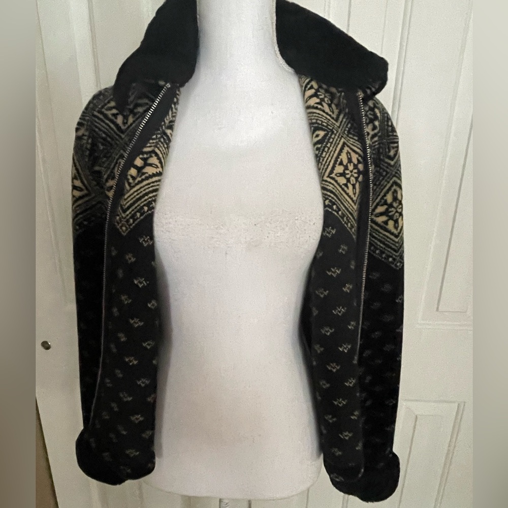 Willi Smith Jacket Lightweight Crop Aztec Design Black/Tan Soft Faux Fur Med - Picture 5 of 11